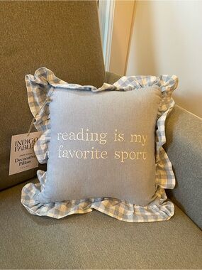 Light Blue Decorative Pillow with Ruffled Plaid Trim